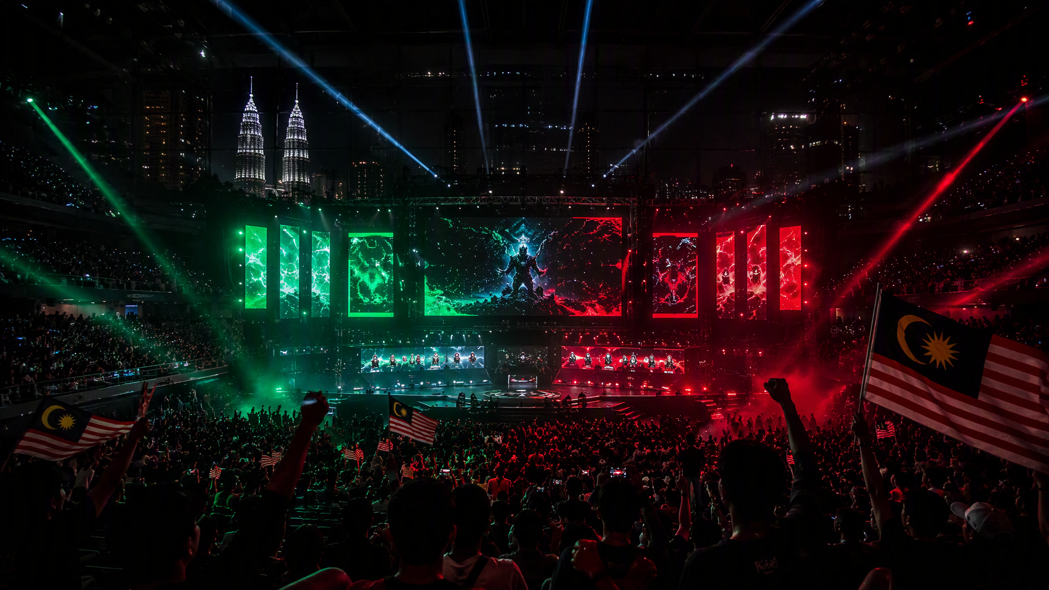 Packed Malaysian esports arena with green and red stage lights and waving flags