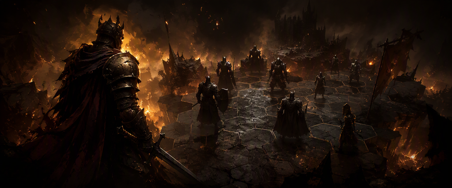 Armored knights on a burning hex-grid battlefield