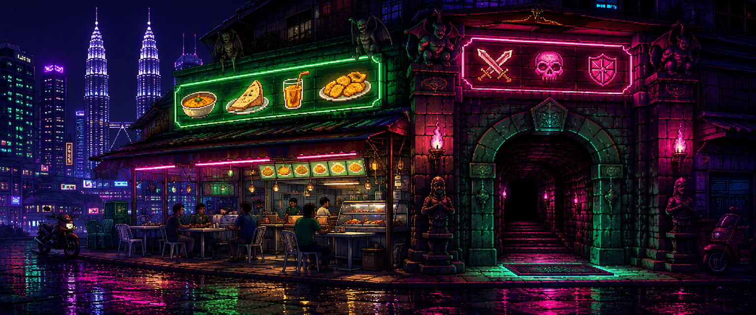 Neon-lit Malaysian mamak stall beside a dungeon entrance