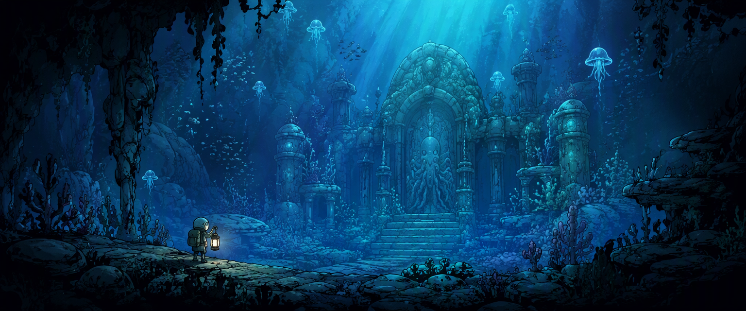 Small lantern explorer before a glowing underwater shrine